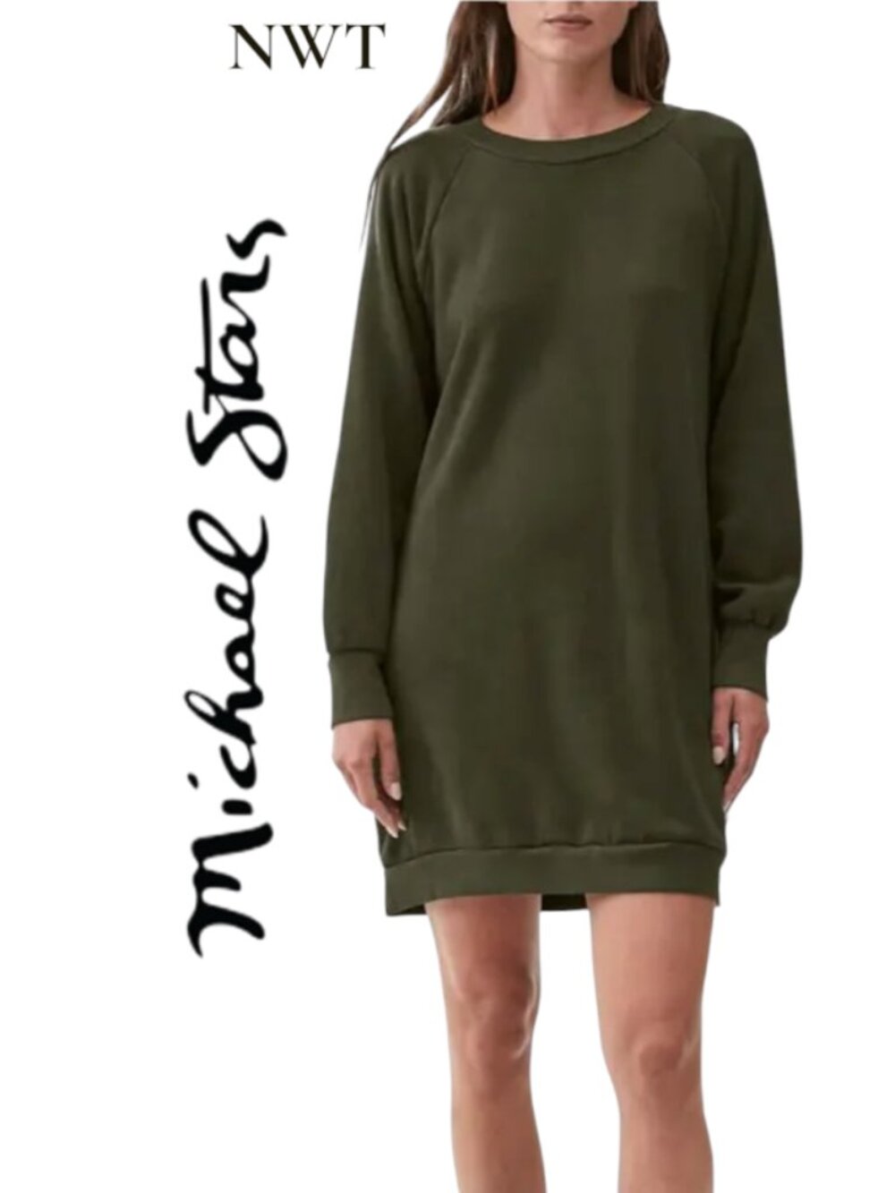 NWT Michael Stars Tarragon Green Lolly Balloon Sleeve Sweatshirt Dress Small